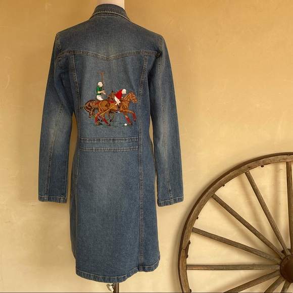 OOAK EMBROIDERED POLO PONY HORSE SCENE Denim Coat by Halogen Woman’s S Vtg RARE! - Picture 9 of 15